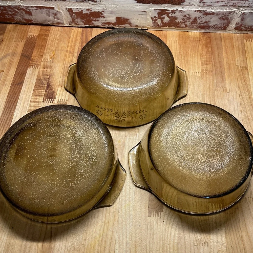 Vintage MCM Glasbake Jeanette Casserole Dishes Set 3 Yellow Floral Retro Brown‎